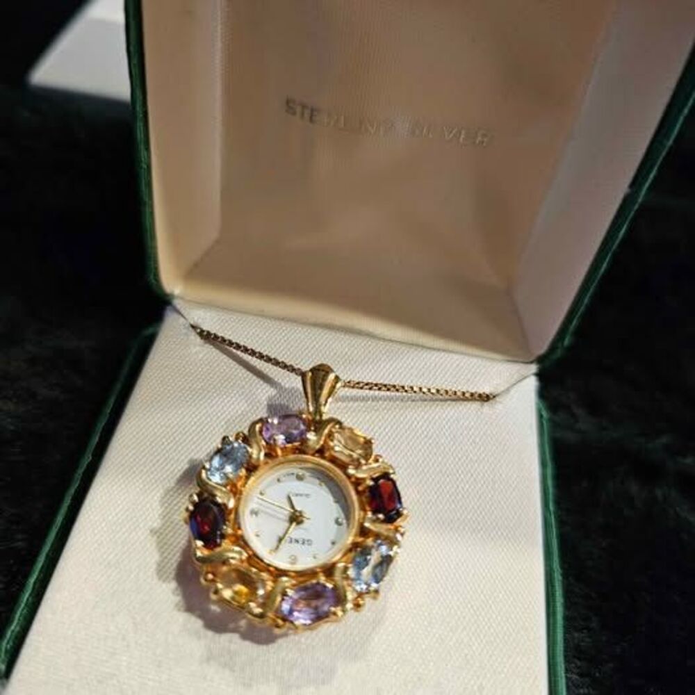 Geneve multi stone necklace watch